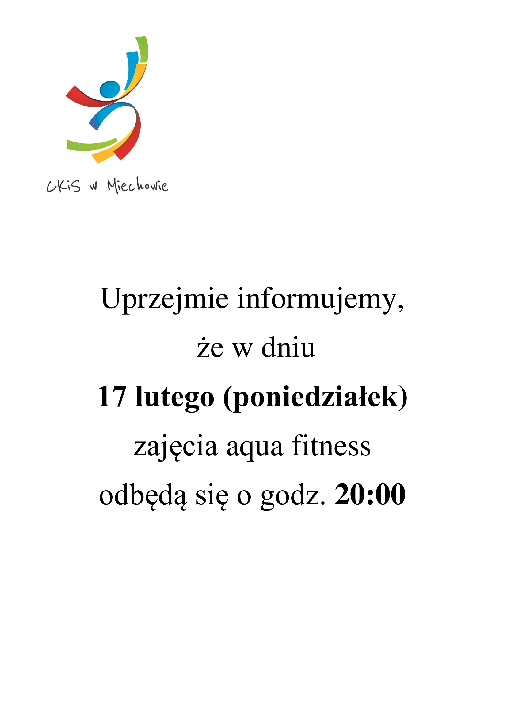 Informacja odnośnie zajęć aqua fitness