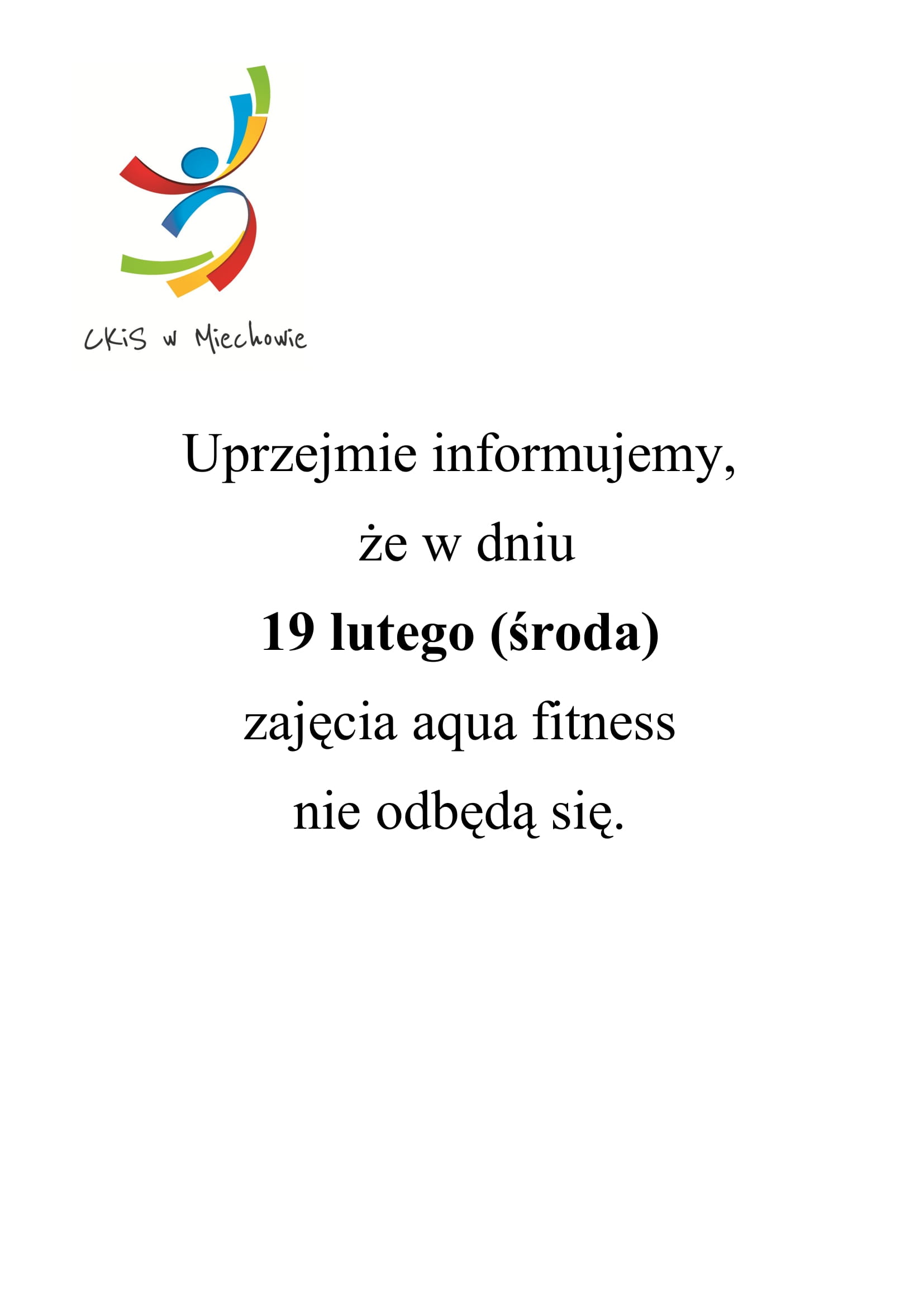 Informacja odnośnie zajęć aqua fitness (środa) 19.02